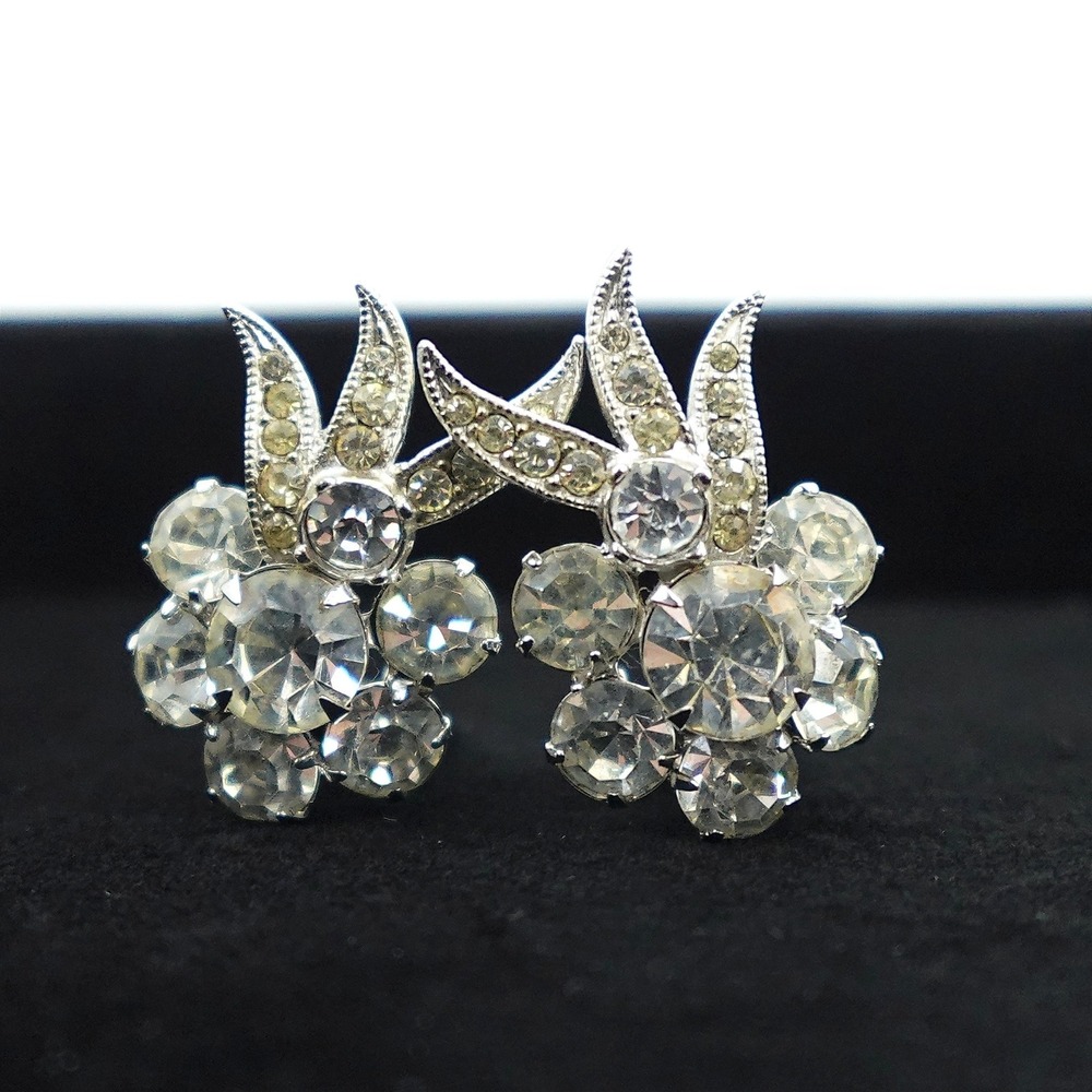 Vintage Eisenberg Flower Rhinestone Clip On‎ Earrings Silver Tone Signed